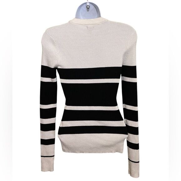 Guess Slim Fit Ribbed Knit Top Crew Neck Black Ivory Strip Bling Logo Y2K SZ SM - Picture 4 of 9